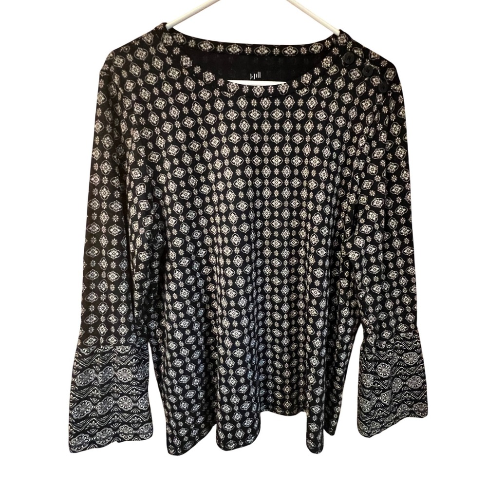 J Jill Luxe Supima Cotton Blend Geometric Print Ruffled Sleeve Top Womens Size L